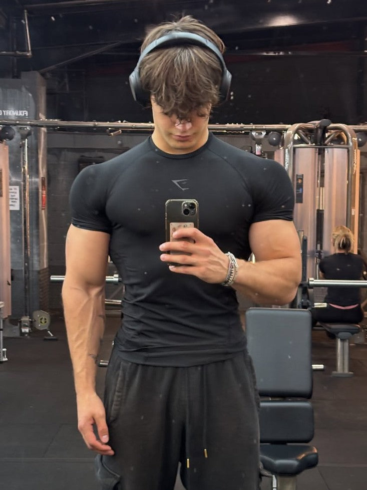 Gymshark Men's Sports Fitness Short-Sleeved Basketball Running Printed Stretch Training Sports Tight-Fitting T-Shirt