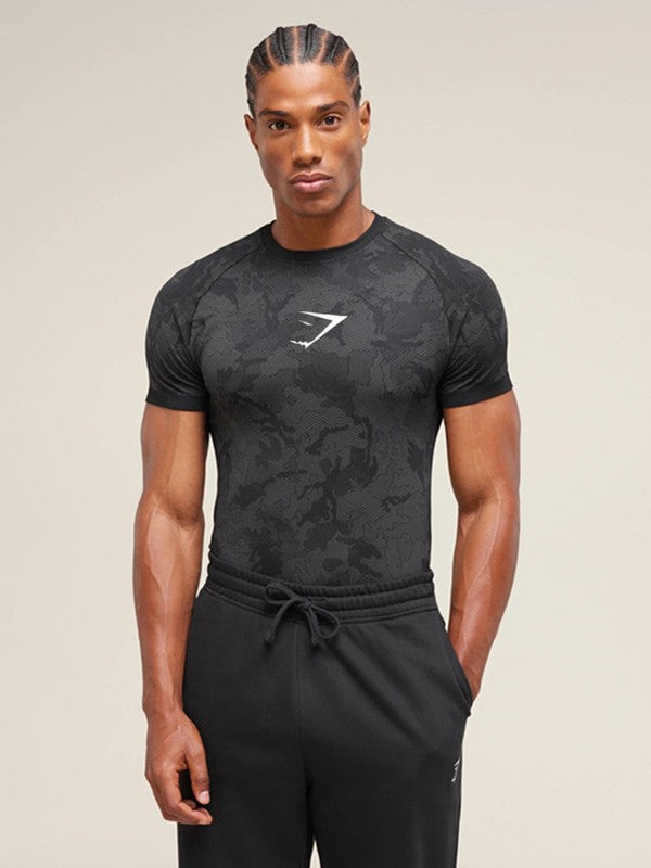 Gymshark Men's Sports Fitness Short-Sleeved Basketball Running Printed Stretch Training Sports Tight-Fitting T-Shirt